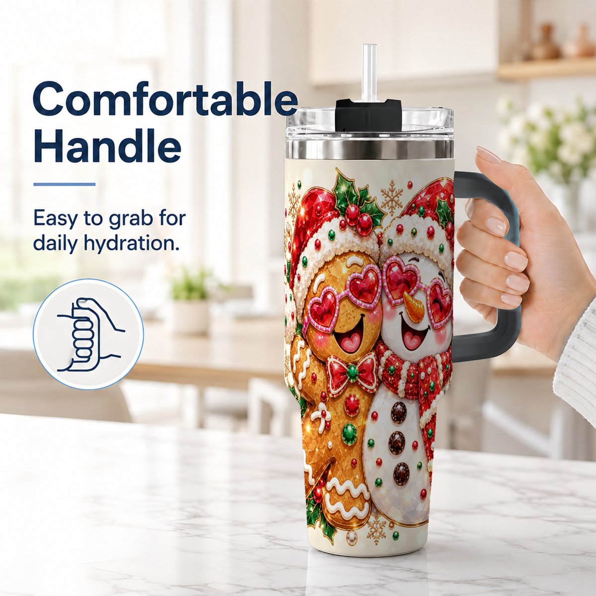 #pl[Black] Gingerbread Snowman 40oz Tumbler with Handle, Holiday Friends Art