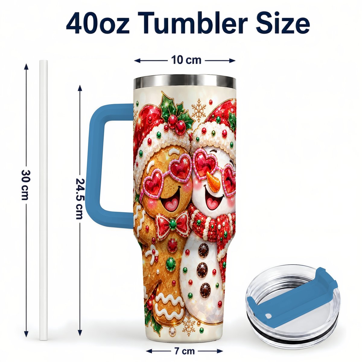 #pl[Blue] Gingerbread Snowman 40oz Tumbler with Handle, Holiday Friends Art