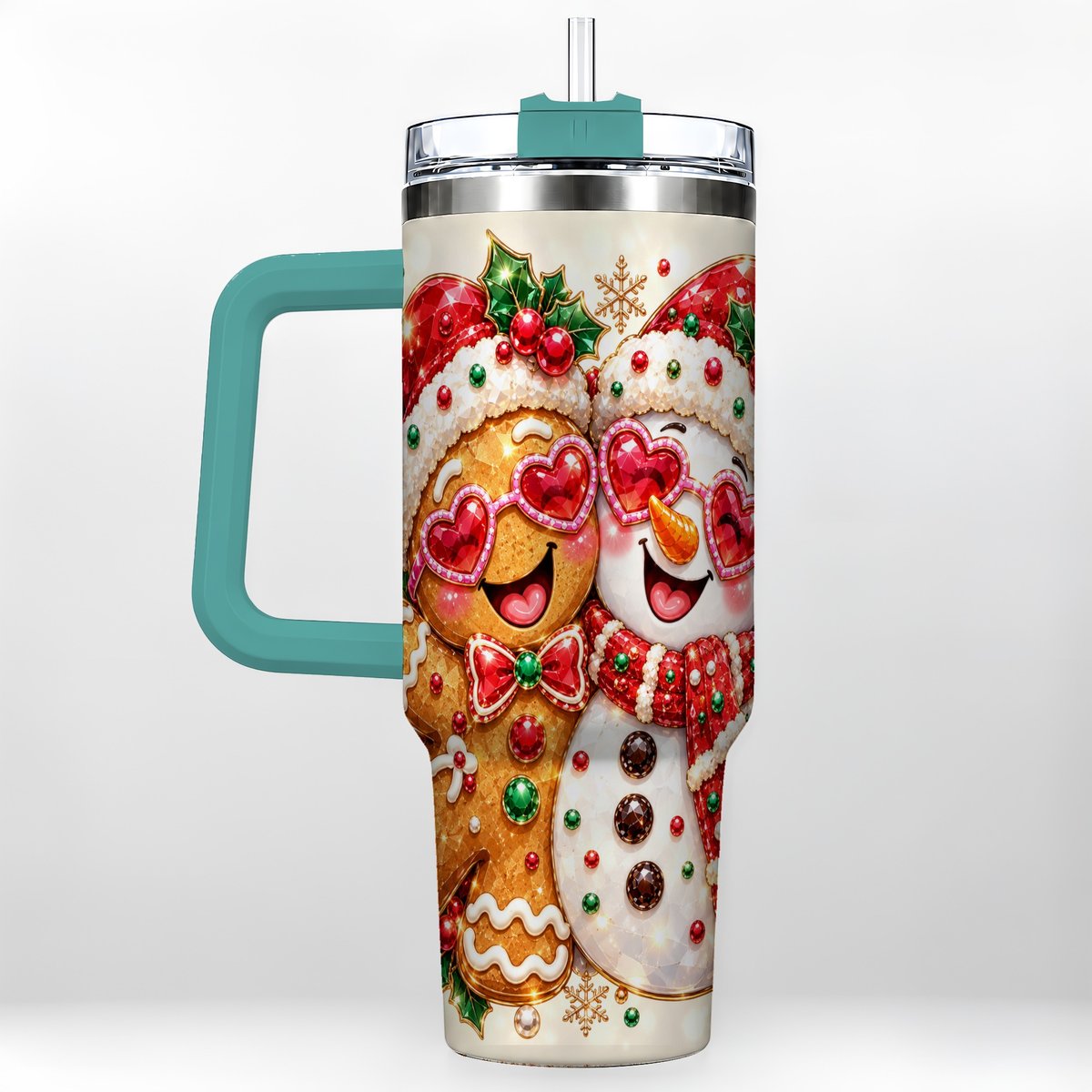 #pl[Green] Gingerbread Snowman 40oz Tumbler with Handle, Holiday Friends Art