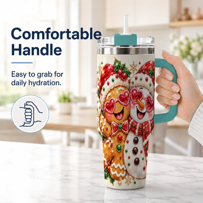 #pl[Green] Gingerbread Snowman 40oz Tumbler with Handle, Holiday Friends Art