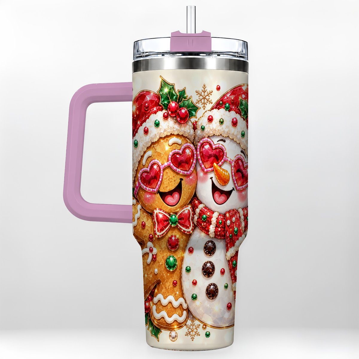 #pl[Pink] Gingerbread Snowman 40oz Tumbler with Handle, Holiday Friends Art