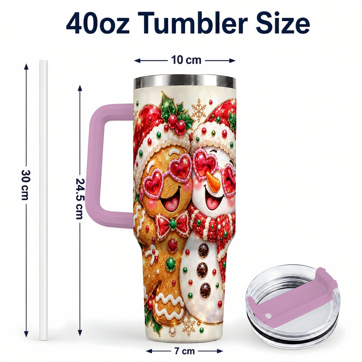 #pl[Pink] Gingerbread Snowman 40oz Tumbler with Handle, Holiday Friends Art