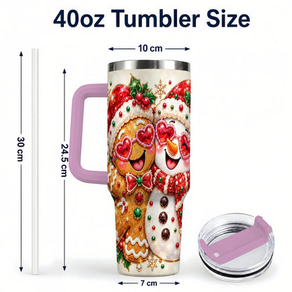 #pl[Pink] Gingerbread Snowman 40oz Tumbler with Handle, Holiday Friends Art