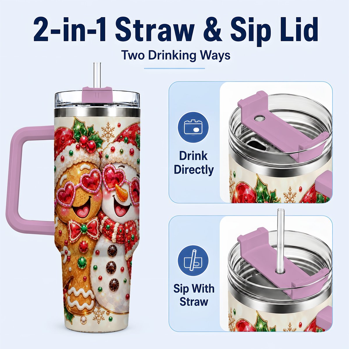 #pl[Pink] Gingerbread Snowman 40oz Tumbler with Handle, Holiday Friends Art