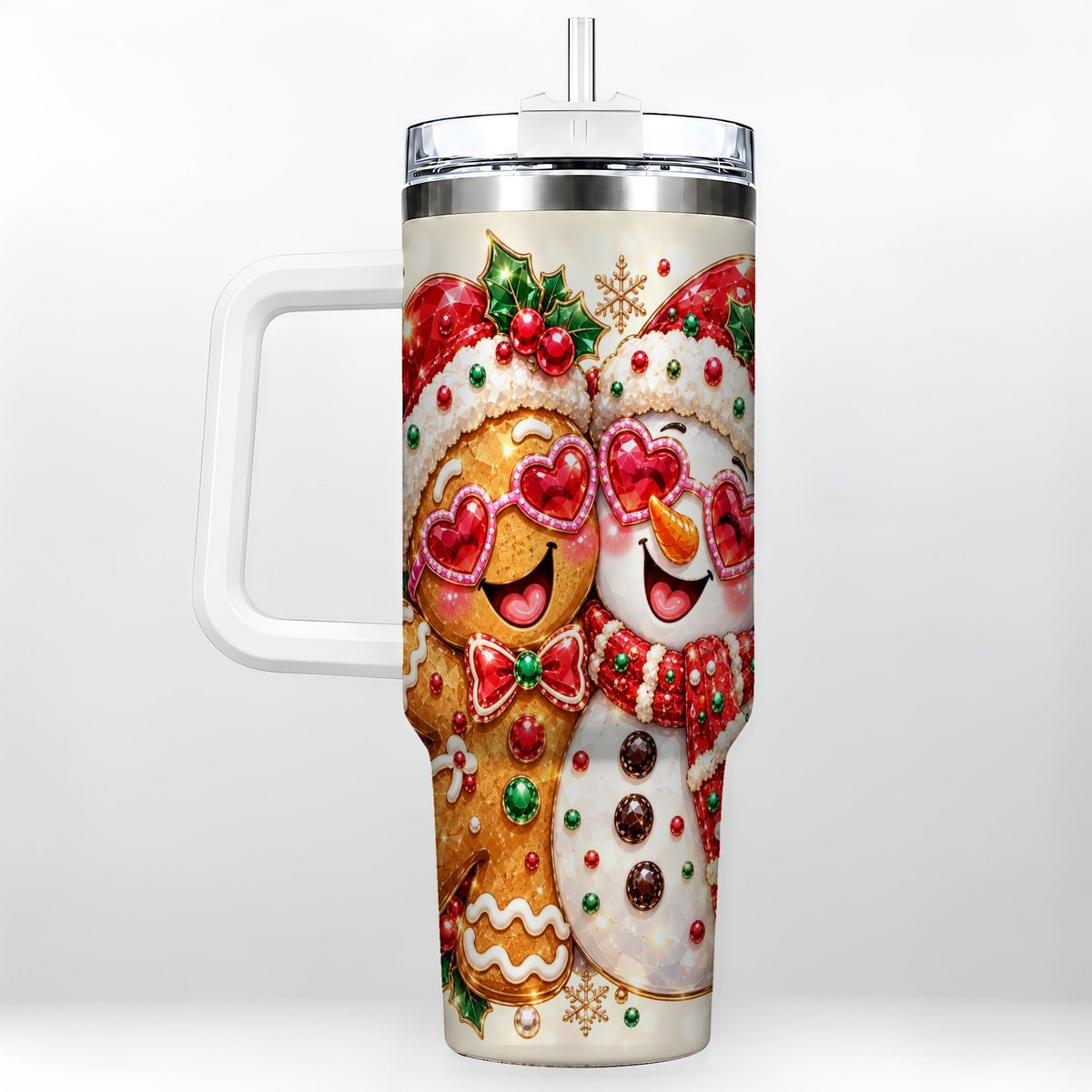 Gingerbread Snowman 40oz Tumbler with Handle, Holiday Friends Art