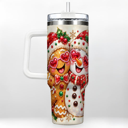 Gingerbread Snowman 40oz Tumbler with Handle, Holiday Friends Art