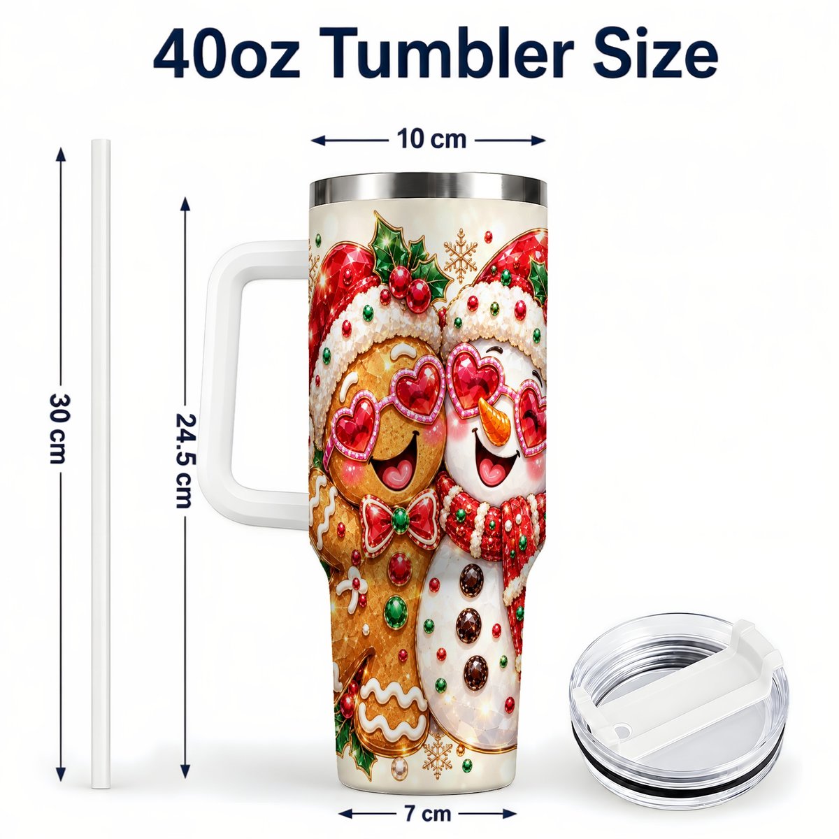#pl[White] Gingerbread Snowman 40oz Tumbler with Handle, Holiday Friends Art