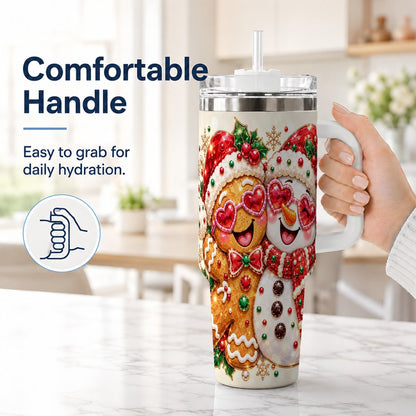 #pl[White] Gingerbread Snowman 40oz Tumbler with Handle, Holiday Friends Art