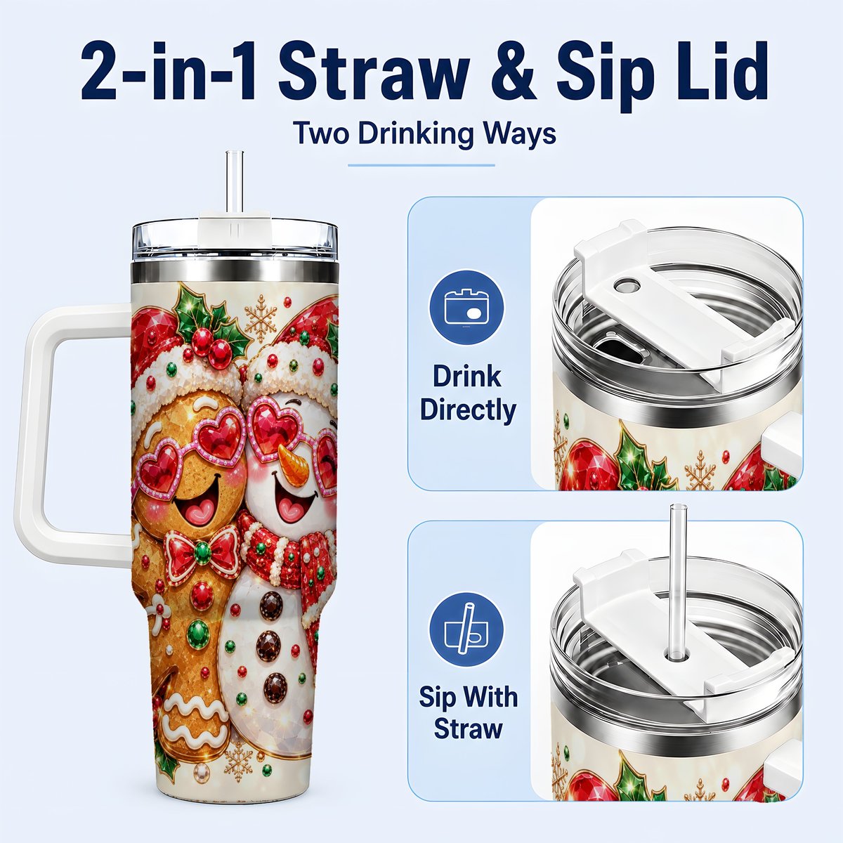 #pl[White] Gingerbread Snowman 40oz Tumbler with Handle, Holiday Friends Art