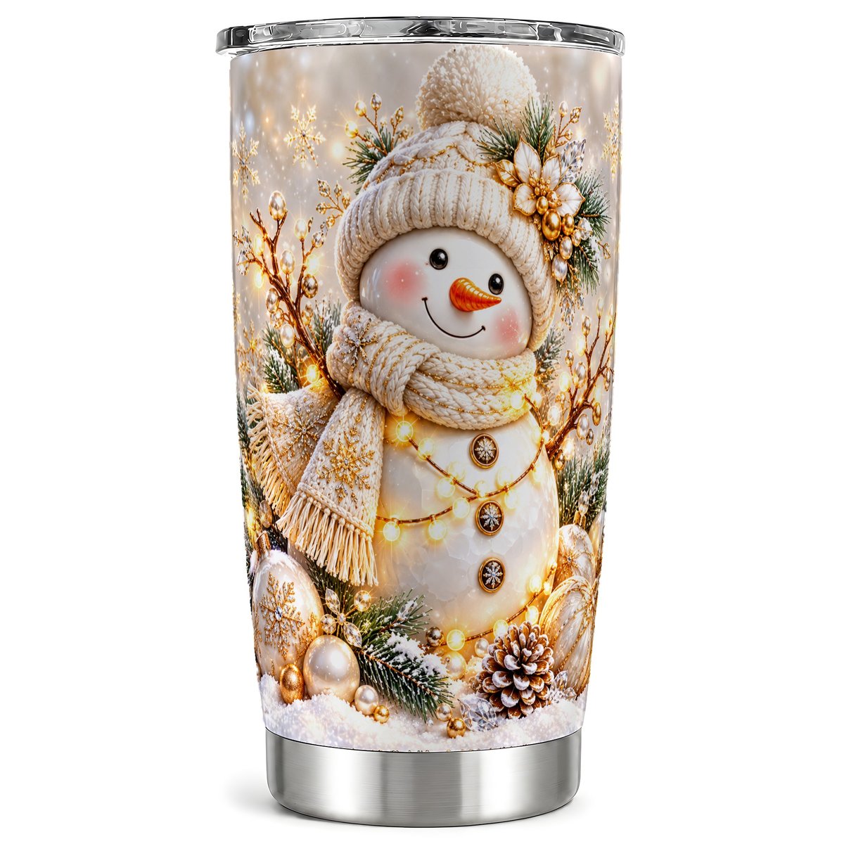 Golden Snowman Tumbler 20oz, Winter Snowflake Tumbler, Stainless Travel Cup