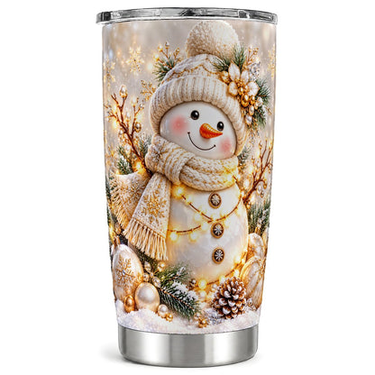 Golden Snowman Tumbler 20oz, Winter Snowflake Tumbler, Stainless Travel Cup