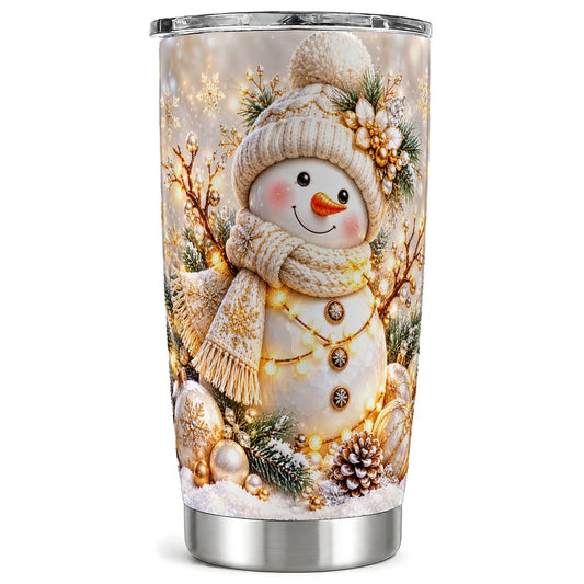 Golden Snowman Tumbler 20oz, Winter Snowflake Tumbler, Stainless Travel Cup