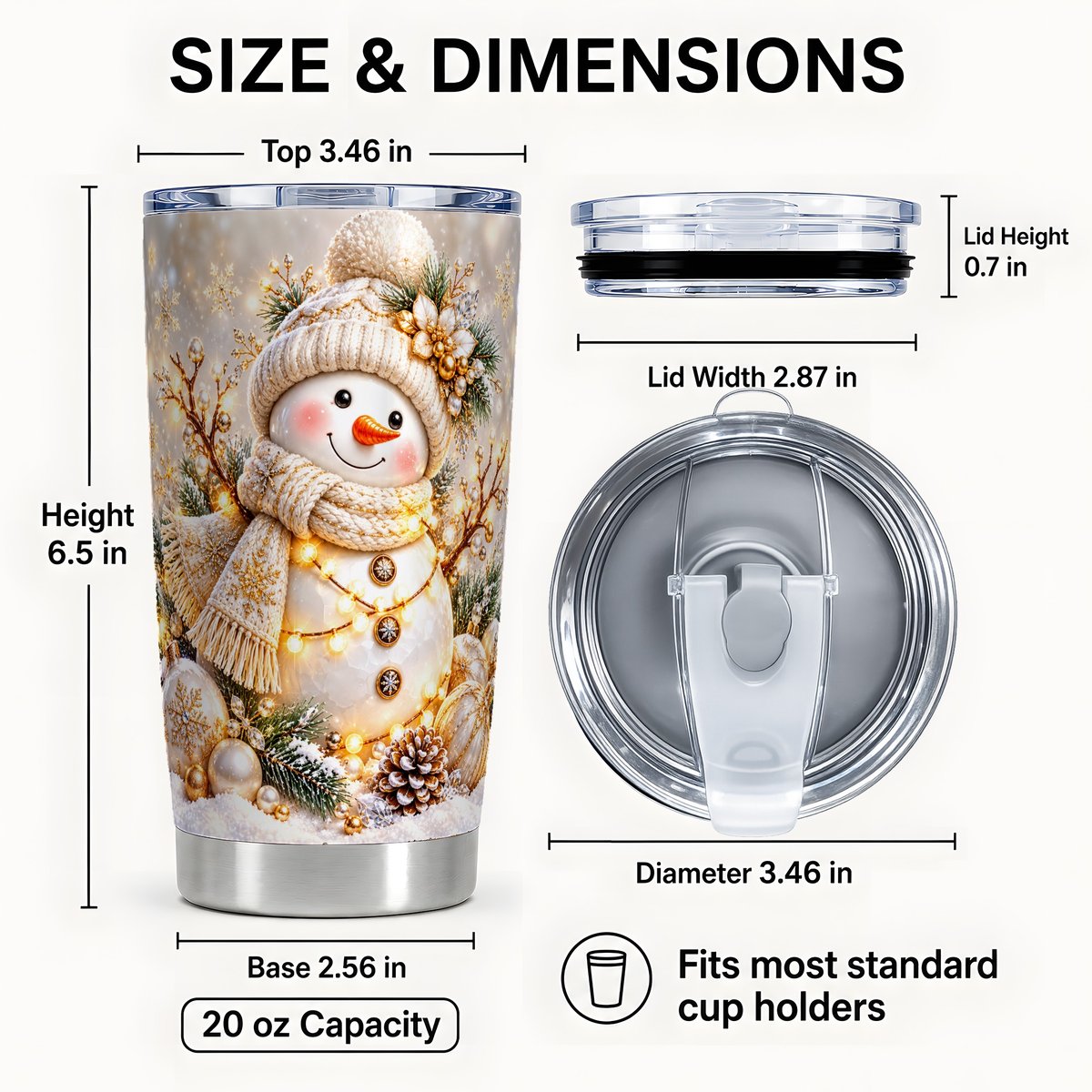 #pl[20oz|Steel] Golden Snowman Tumbler 20oz, Winter Snowflake Tumbler, Stainless Travel Cup