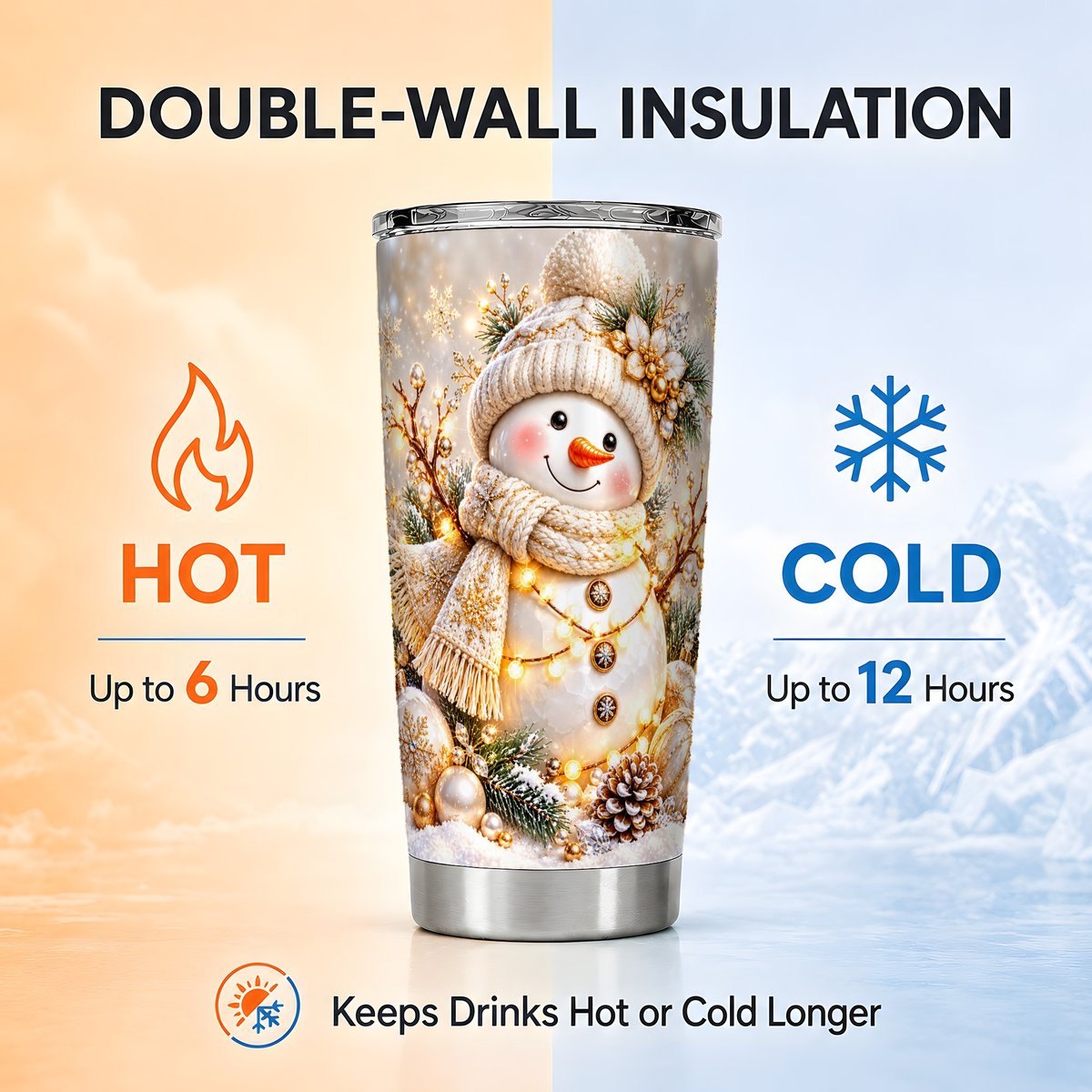 Golden Snowman Tumbler 20oz, Winter Snowflake Tumbler, Stainless Travel Cup