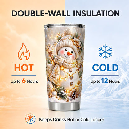 Golden Snowman Tumbler 20oz, Winter Snowflake Tumbler, Stainless Travel Cup