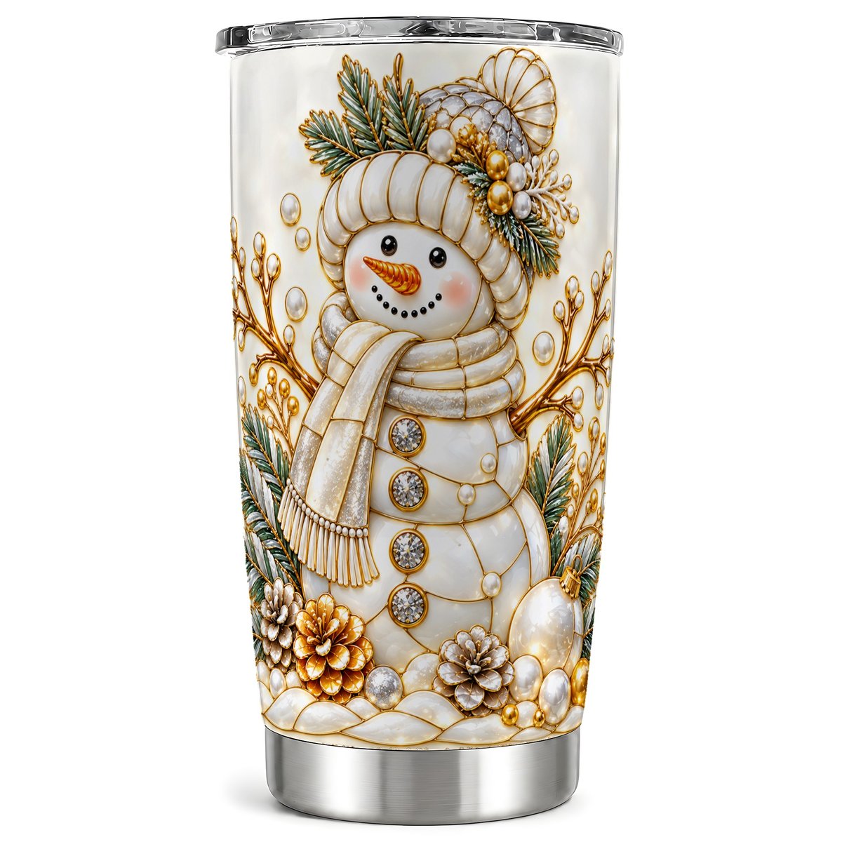 Pearl Snowman Tumbler 20oz, Christmas Tumbler, Stainless Steel Travel Cup