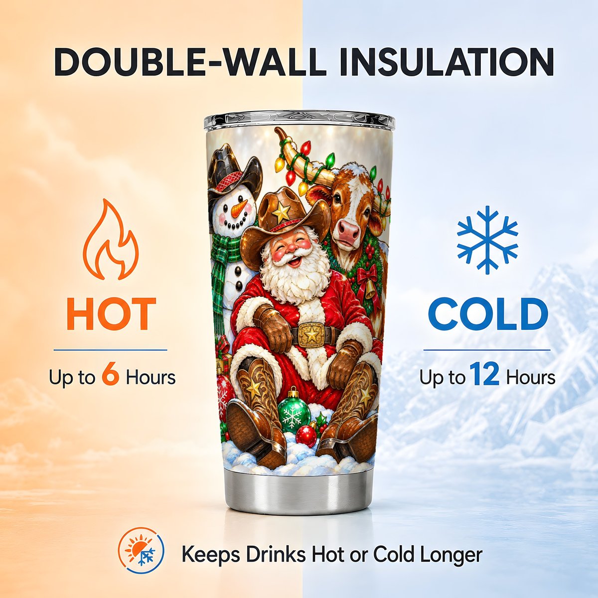Cowboy Santa Tumbler 20oz, Western Christmas Tumbler, Steel Travel Cup