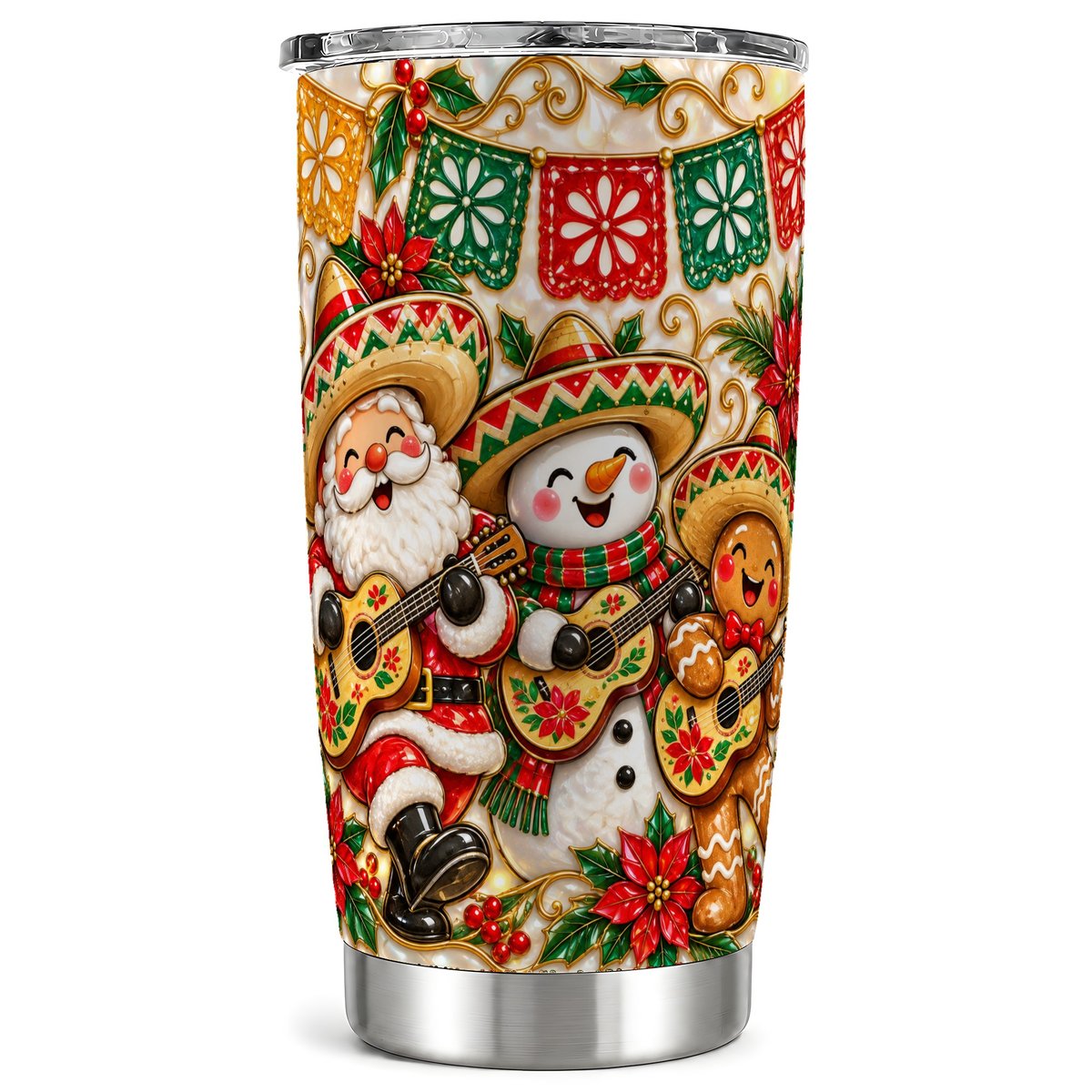 Christmas Fiesta Tumbler 20oz, Mexican Holiday Tumbler, Steel Travel Cup
