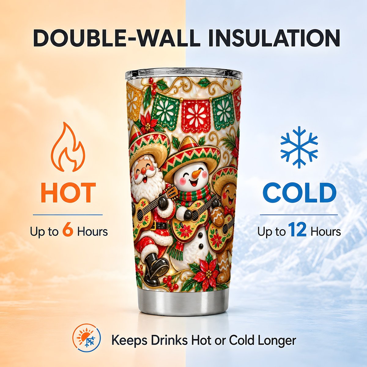 Christmas Fiesta Tumbler 20oz, Mexican Holiday Tumbler, Steel Travel Cup