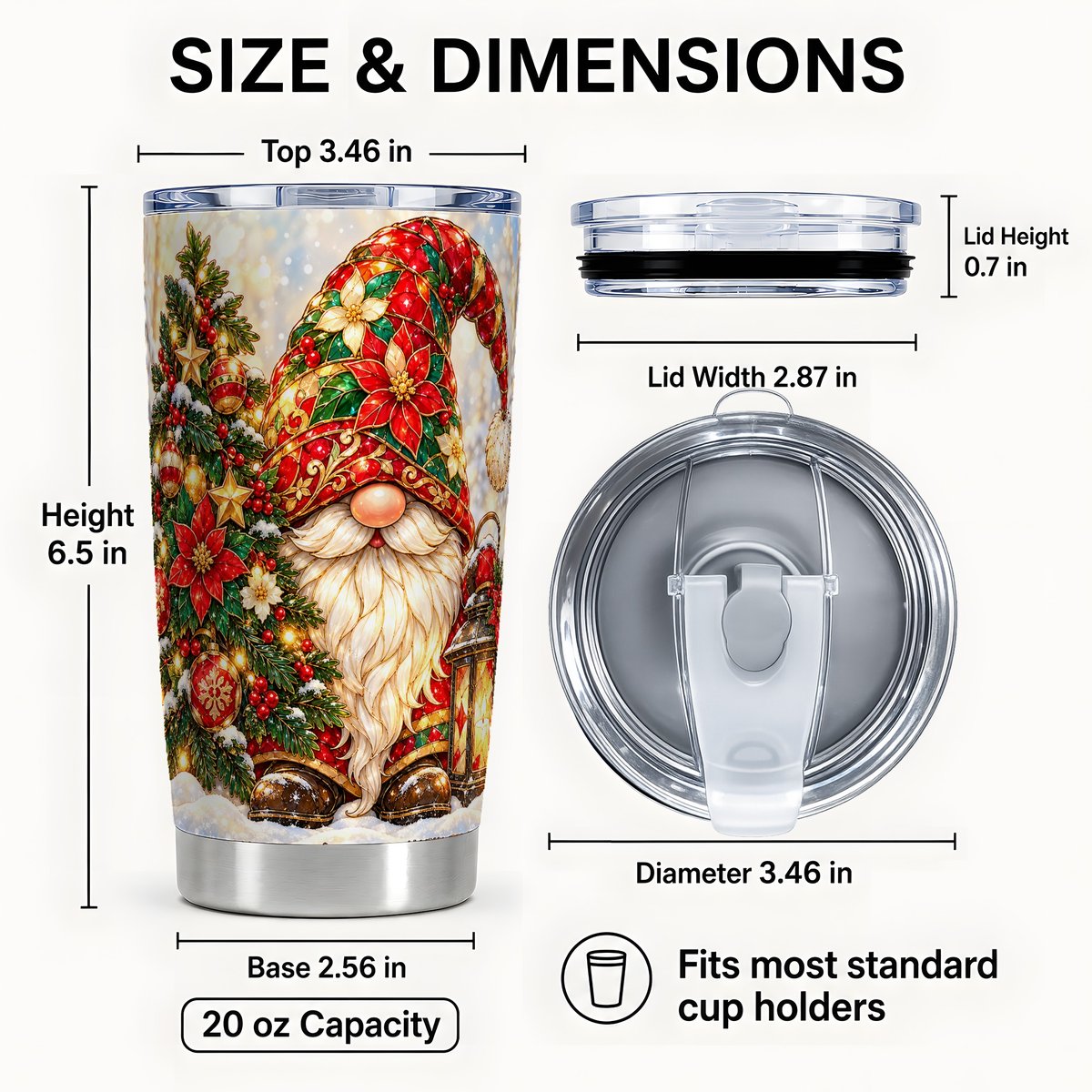 #pl[20oz|Steel] Christmas Gnome Tumbler 20oz, Holiday Lantern Tumbler, Steel Travel Cup
