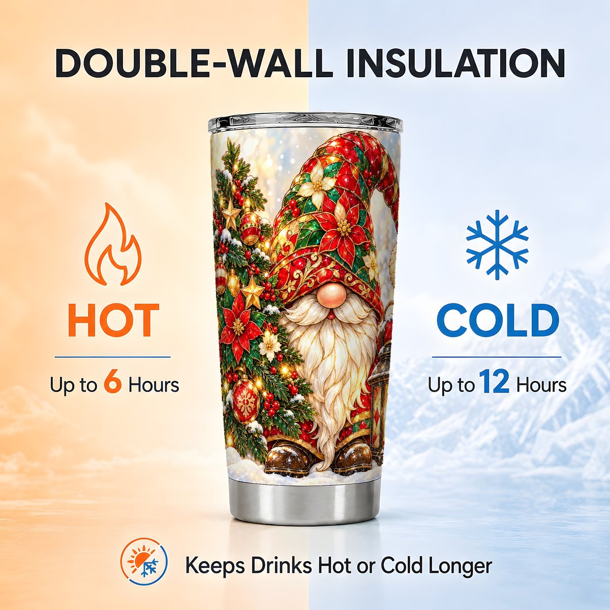Christmas Gnome Tumbler 20oz, Holiday Lantern Tumbler, Steel Travel Cup
