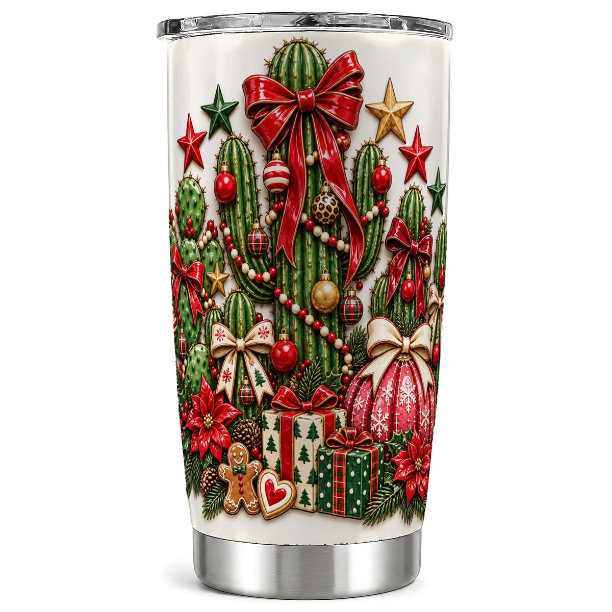 Christmas Cactus Tumbler 20oz, Festive Tumbler, Stainless Steel Travel Cup