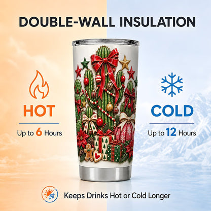 Christmas Cactus Tumbler 20oz, Festive Tumbler, Stainless Steel Travel Cup