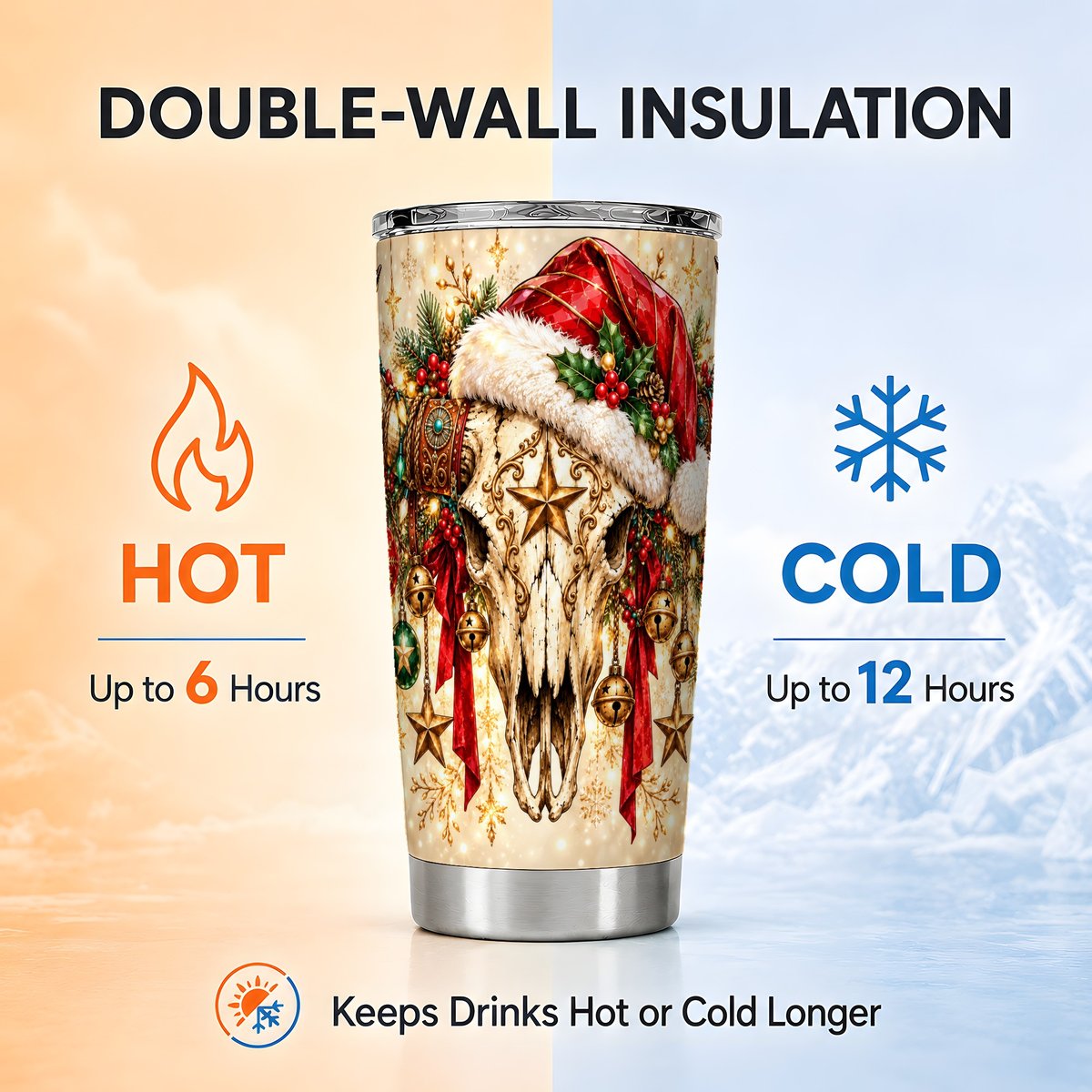 Christmas Longhorn Tumbler 20oz, Western Stainless Steel Travel Cup