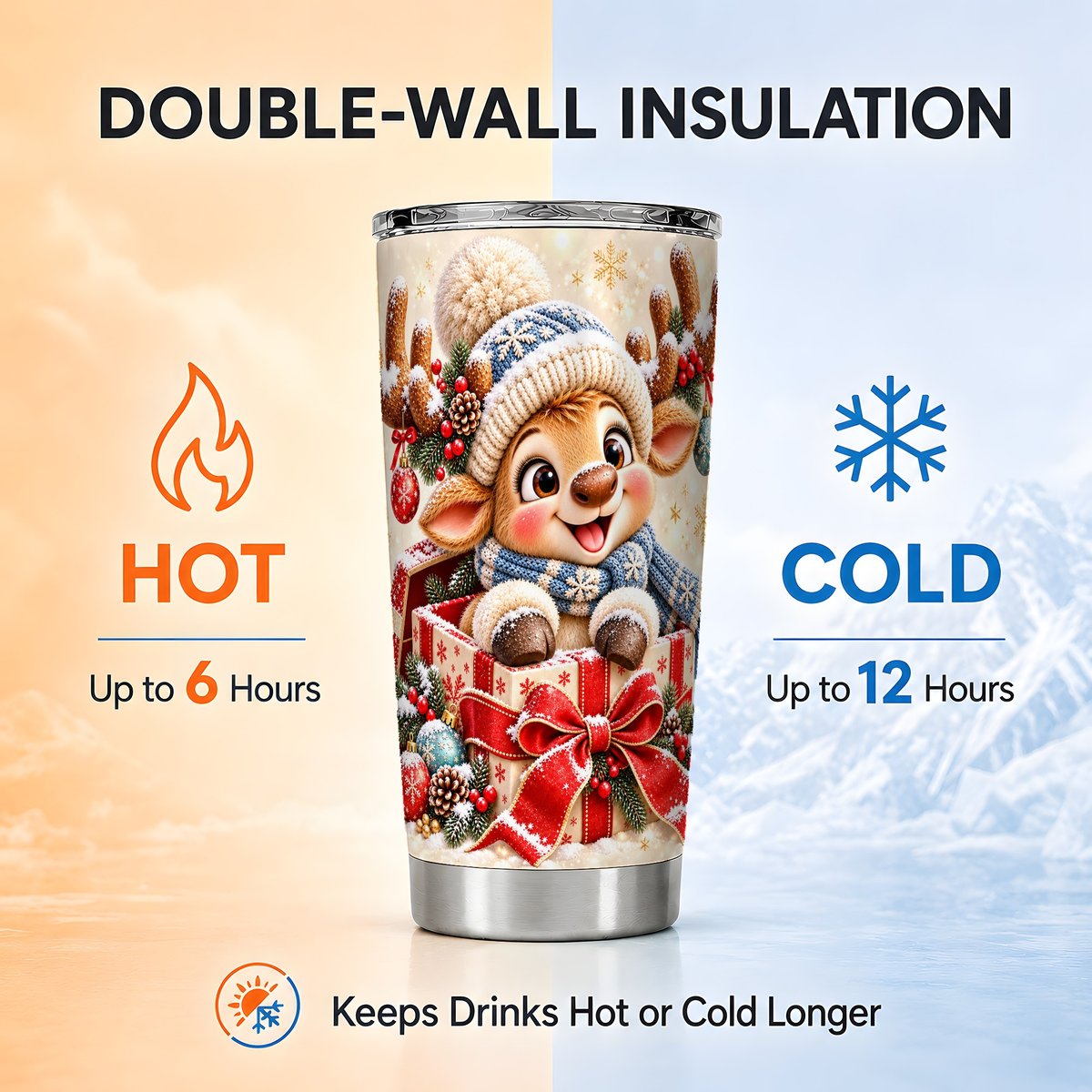 Christmas Reindeer Tumbler 20oz, Cute Deer Stainless Steel Travel Cup