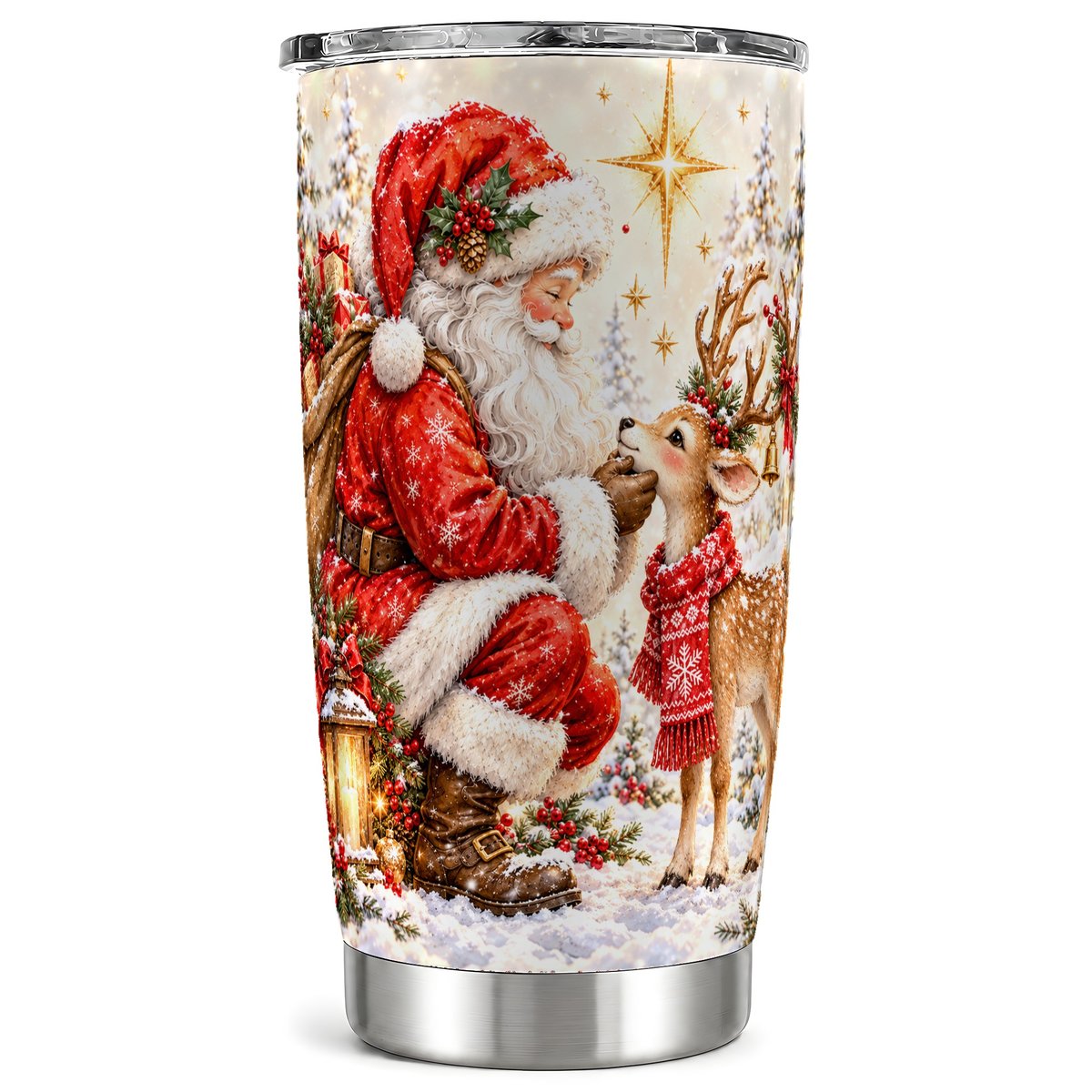 Santa Reindeer Tumbler 20oz, Snowy Stainless Steel Travel Cup