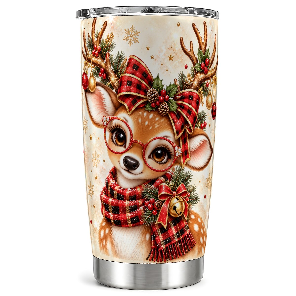 Plaid Reindeer Tumbler 20oz, Christmas Stainless Steel Travel Cup