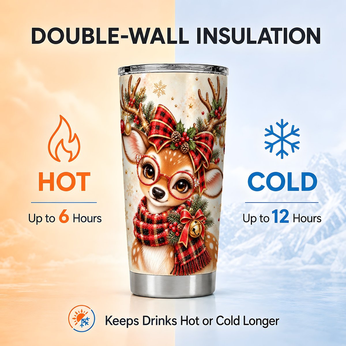 Plaid Reindeer Tumbler 20oz, Christmas Stainless Steel Travel Cup
