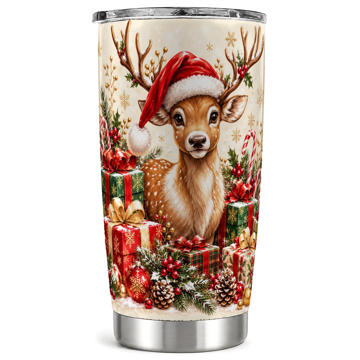 Christmas Fawn Tumbler 20oz, Holiday Stainless Steel Travel Cup