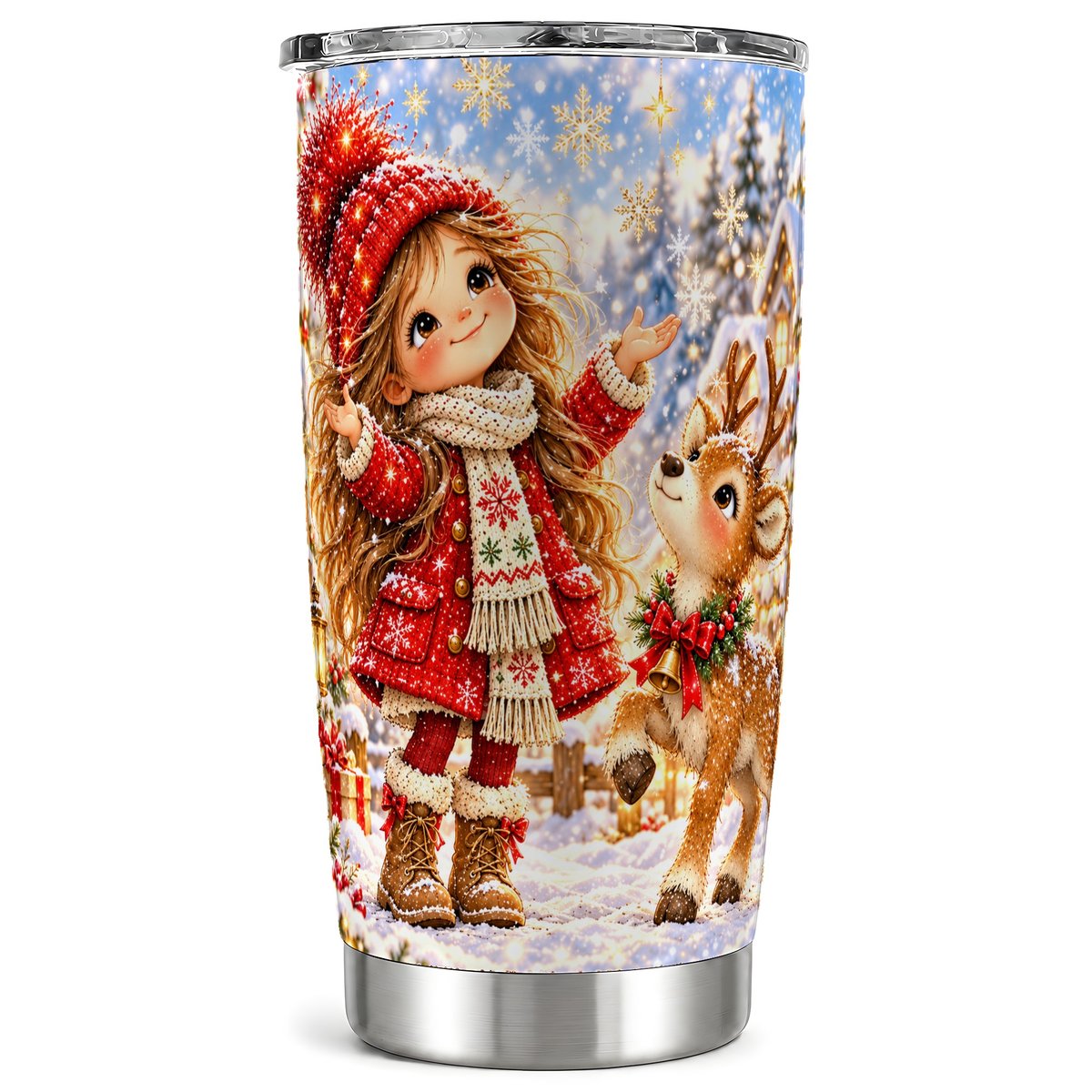 Christmas Girl Reindeer Tumbler 20oz, Winter Stainless Steel Travel Cup