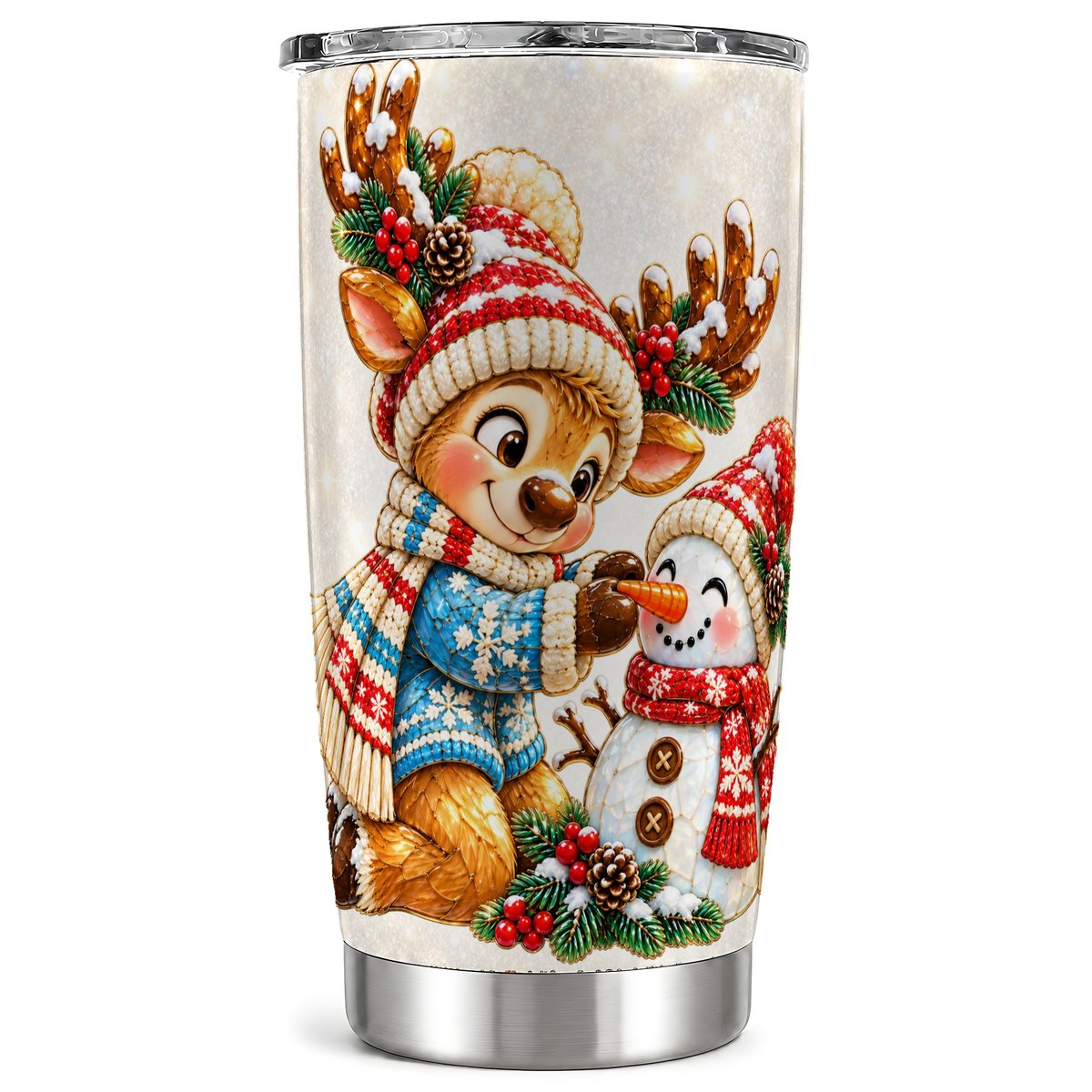 Reindeer Snowman Tumbler 20oz, Christmas Stainless Steel Travel Cup