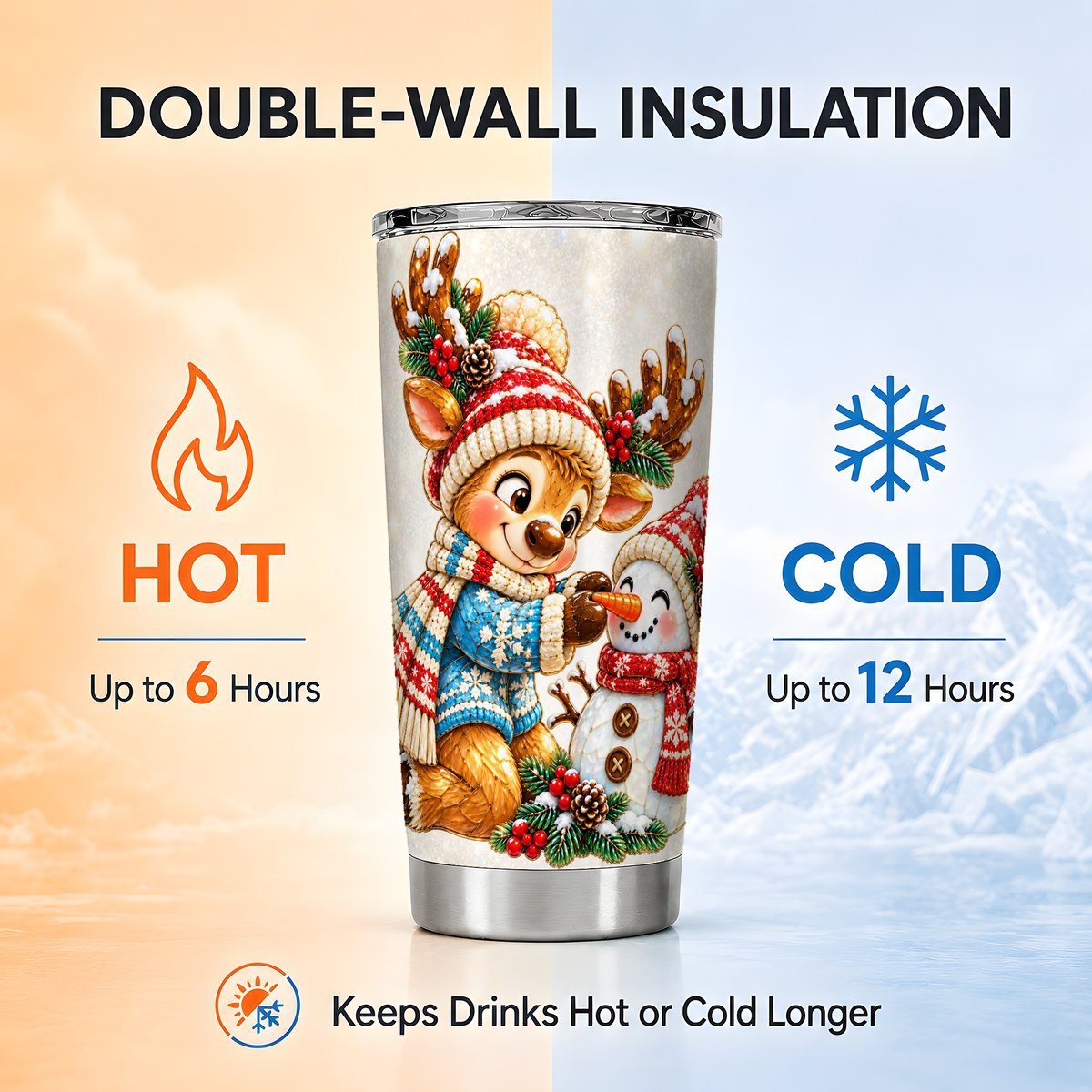 Reindeer Snowman Tumbler 20oz, Christmas Stainless Steel Travel Cup