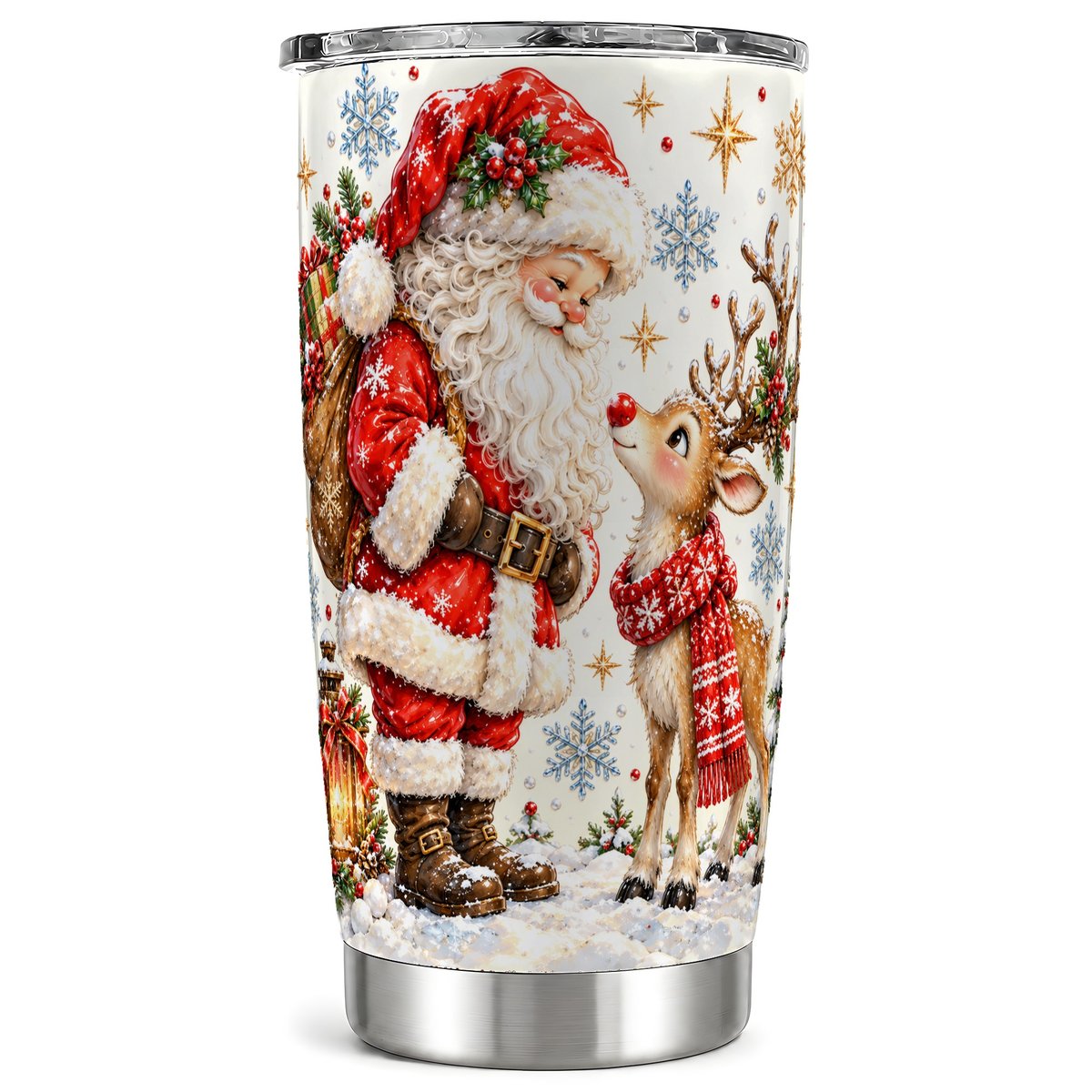 Santa Reindeer Tumbler 20oz, Snowflake Stainless Steel Travel Cup