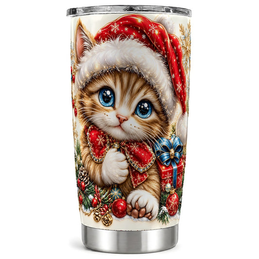 Christmas Kitten Tumbler 20oz, Santa Hat Stainless Steel Travel Cup