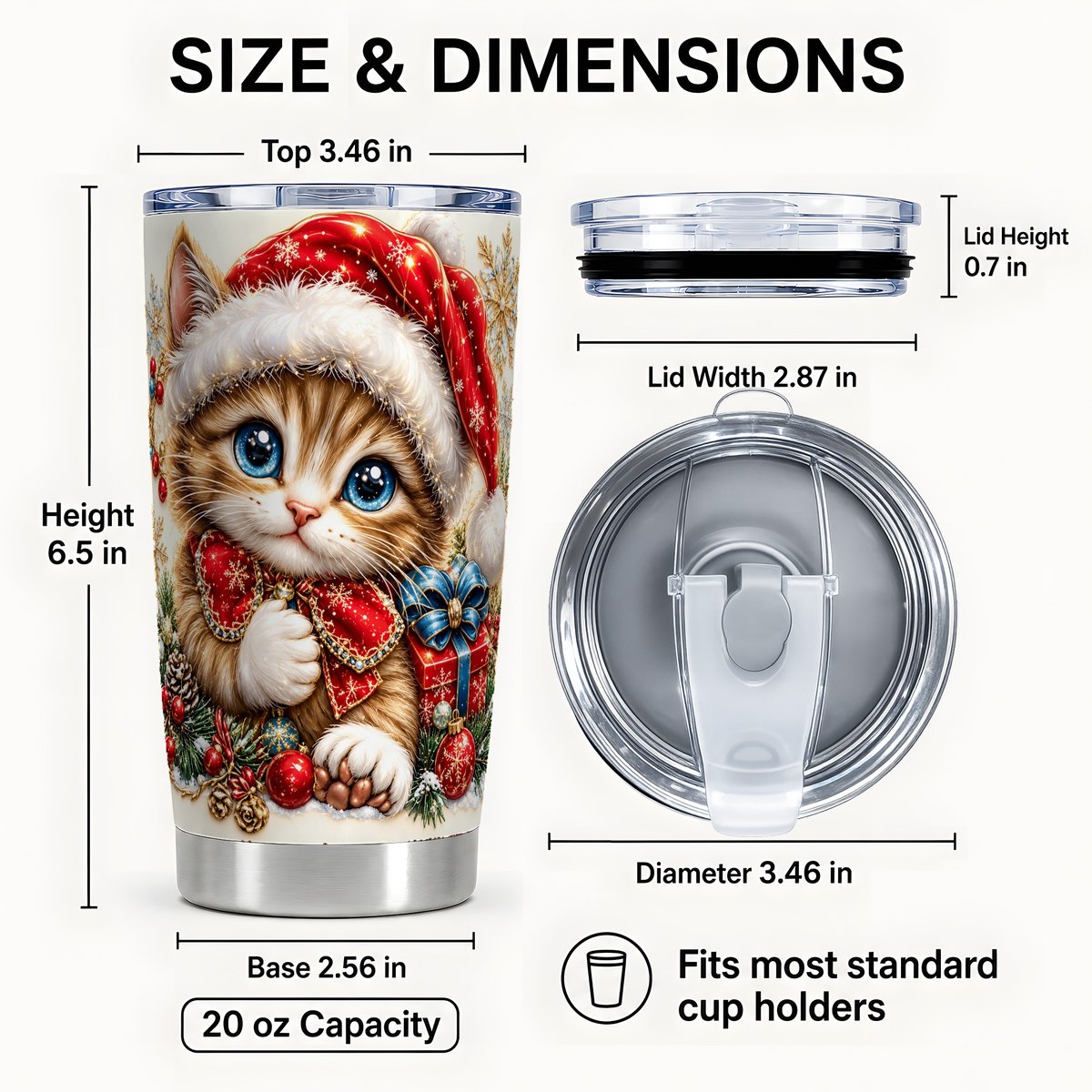 #pl[20oz|Steel] Christmas Kitten Tumbler 20oz, Santa Hat Stainless Steel Travel Cup