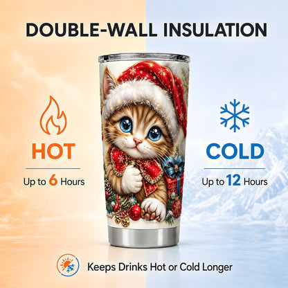 Christmas Kitten Tumbler 20oz, Santa Hat Stainless Steel Travel Cup