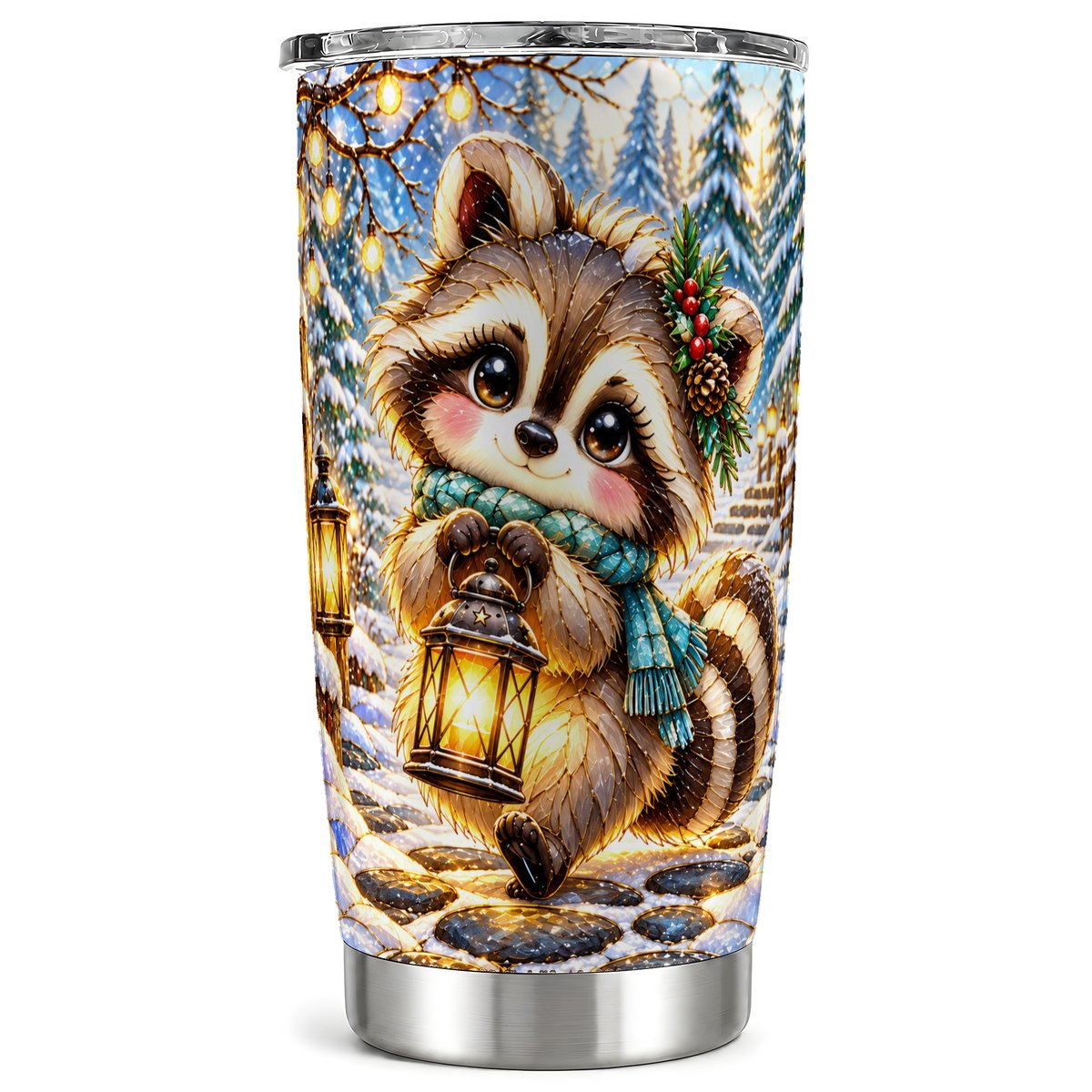 Raccoon Lantern Tumbler 20oz, Winter Tumbler, Stainless Steel Travel Cup