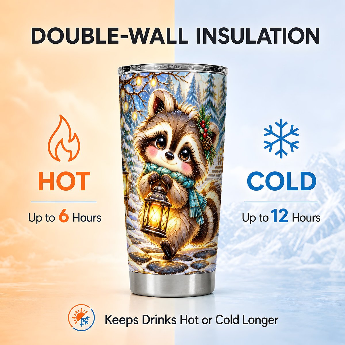 Raccoon Lantern Tumbler 20oz, Winter Tumbler, Stainless Steel Travel Cup