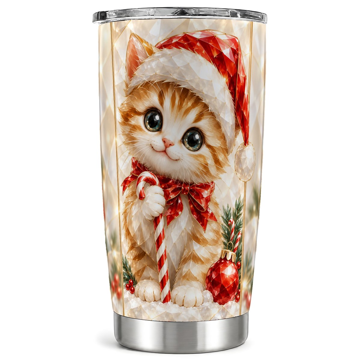 Christmas Cat Tumbler 20oz, Santa Kitten Tumbler, Stainless Steel Travel Cup