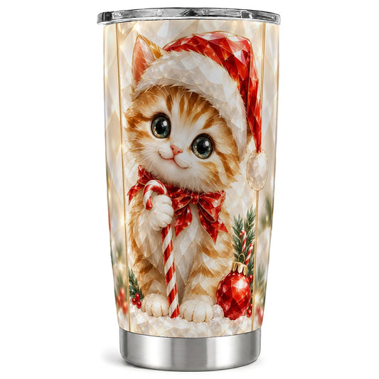 Christmas Cat Tumbler 20oz, Santa Kitten Tumbler, Stainless Steel Travel Cup