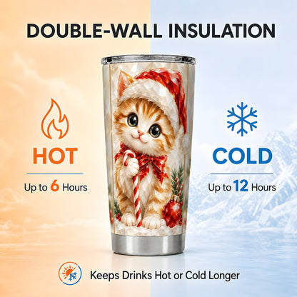 Christmas Cat Tumbler 20oz, Santa Kitten Tumbler, Stainless Steel Travel Cup