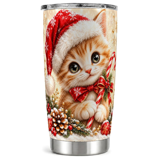 Santa Kitten Tumbler 20oz, Candy Cane Tumbler, Stainless Steel Travel Cup