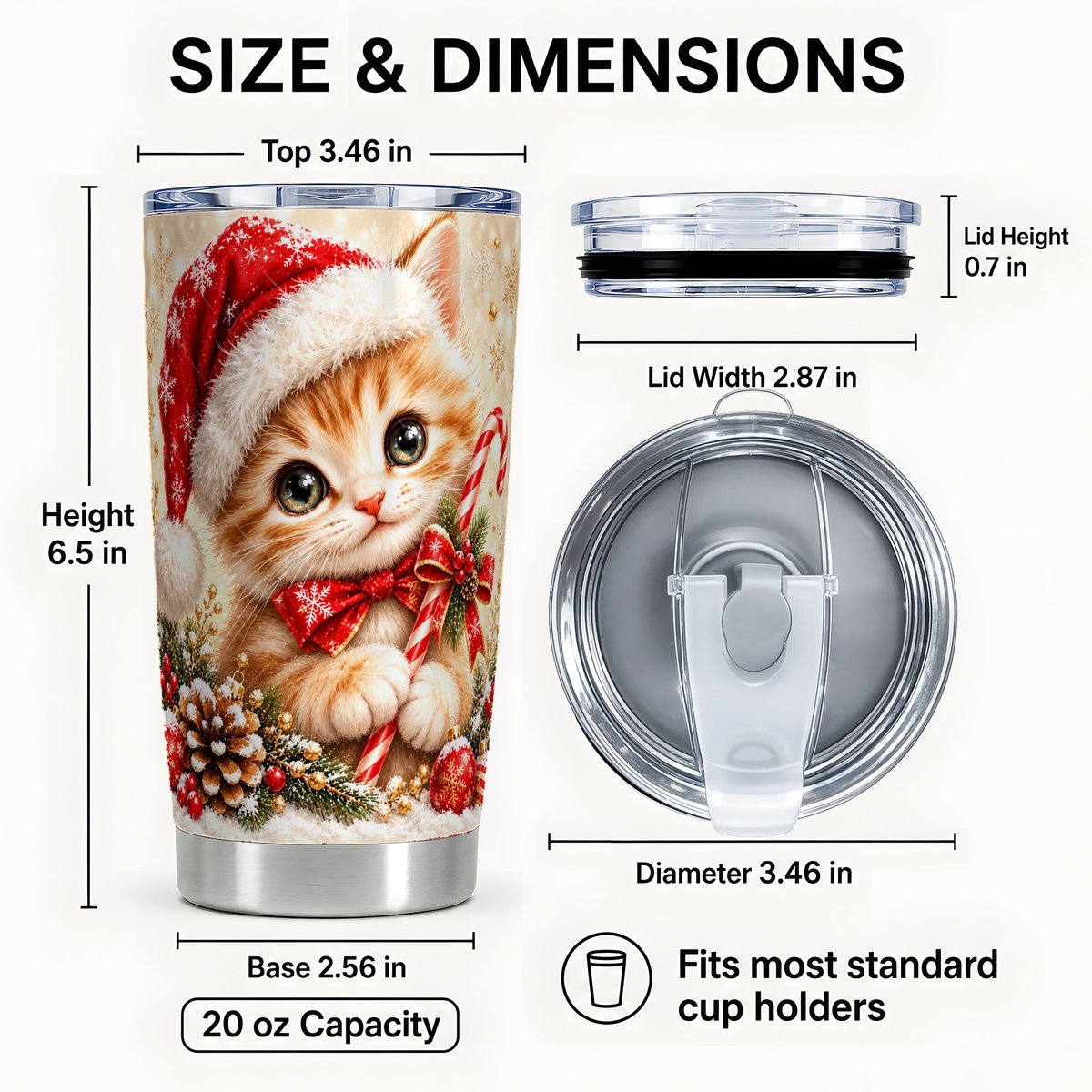 #pl[20oz|Steel] Santa Kitten Tumbler 20oz, Candy Cane Tumbler, Stainless Steel Travel Cup