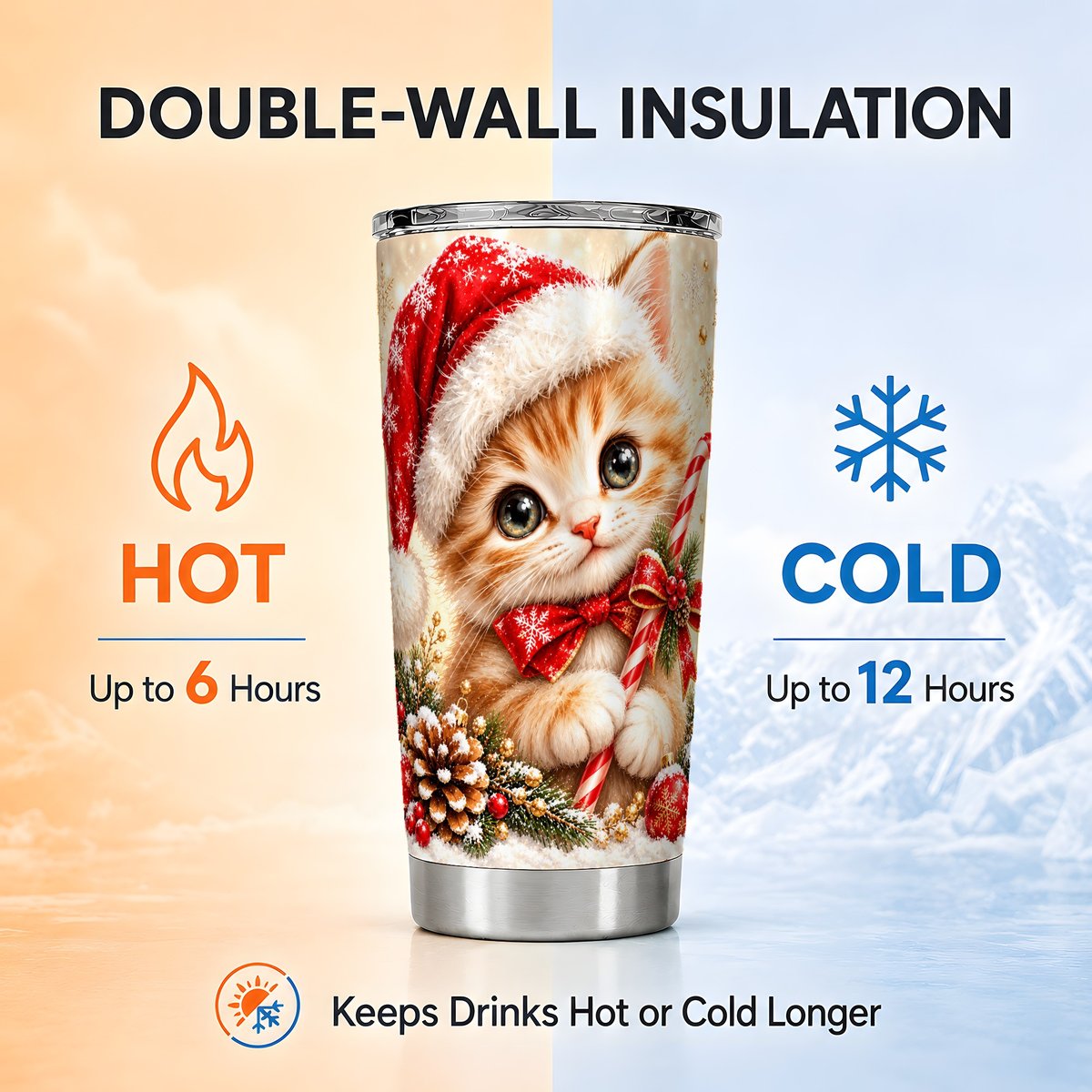 Santa Kitten Tumbler 20oz, Candy Cane Tumbler, Stainless Steel Travel Cup