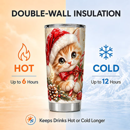 Santa Kitten Tumbler 20oz, Candy Cane Tumbler, Stainless Steel Travel Cup