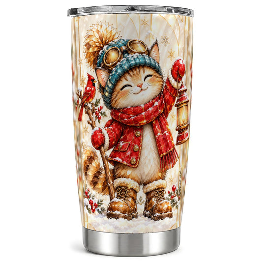 Winter Cat Tumbler 20oz, Christmas Kitty Tumbler, Stainless Steel Travel Cup